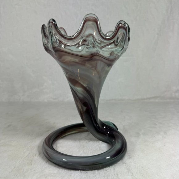 Vintage Murano Style Hand Blown Trumpet Coil pedestal Purple Art Glass Sculpture - Picture 3 of 10